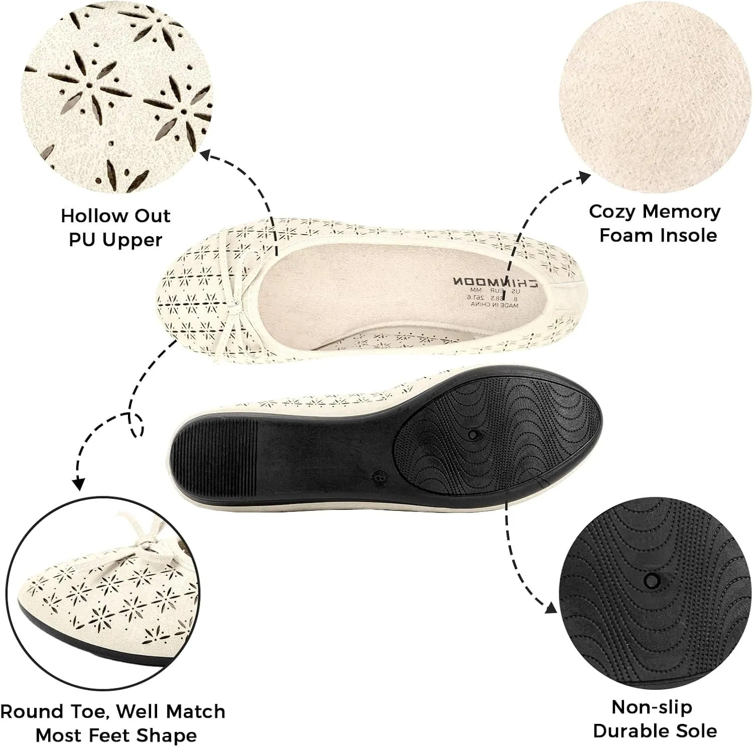 CHIN·MOON Women's Slip-Ons Ballet Flats Comfortable Lightweight Casual Dress Shoes