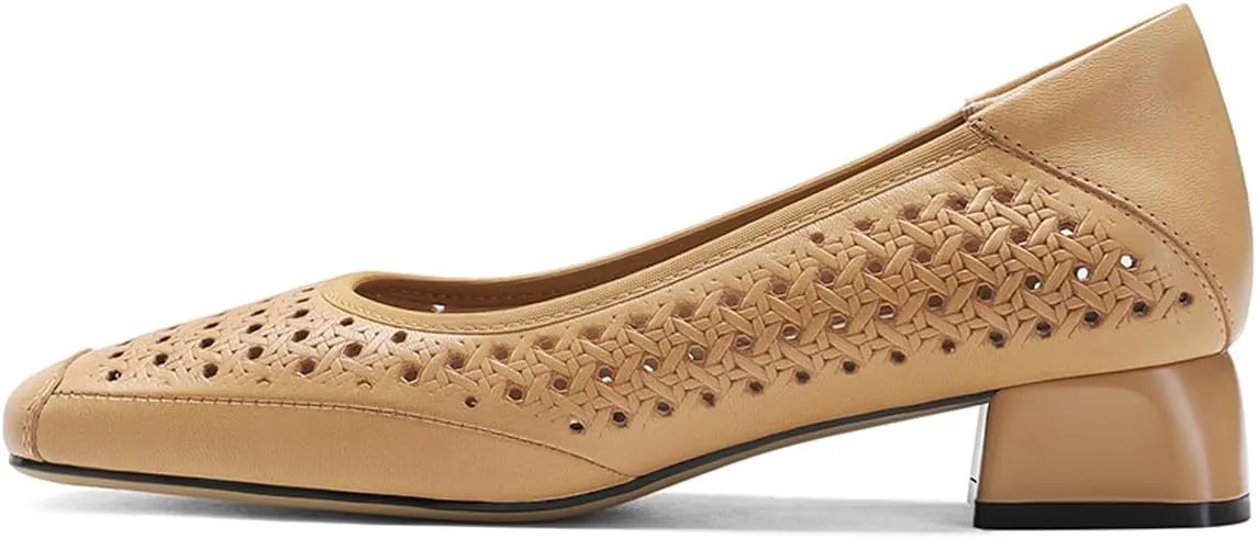 Chunky Block Low Heels for Women Square Closed Toe Comfortable Woven Slip on Casual Ballet Heels Pumps