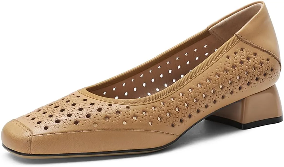 Chunky Block Low Heels for Women Square Closed Toe Comfortable Woven Slip on Casual Ballet Heels Pumps