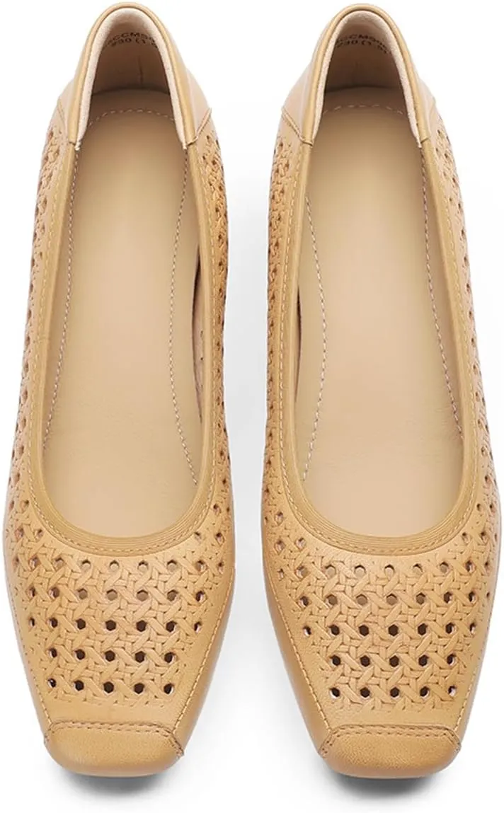 Chunky Block Low Heels for Women Square Closed Toe Comfortable Woven Slip on Casual Ballet Heels Pumps