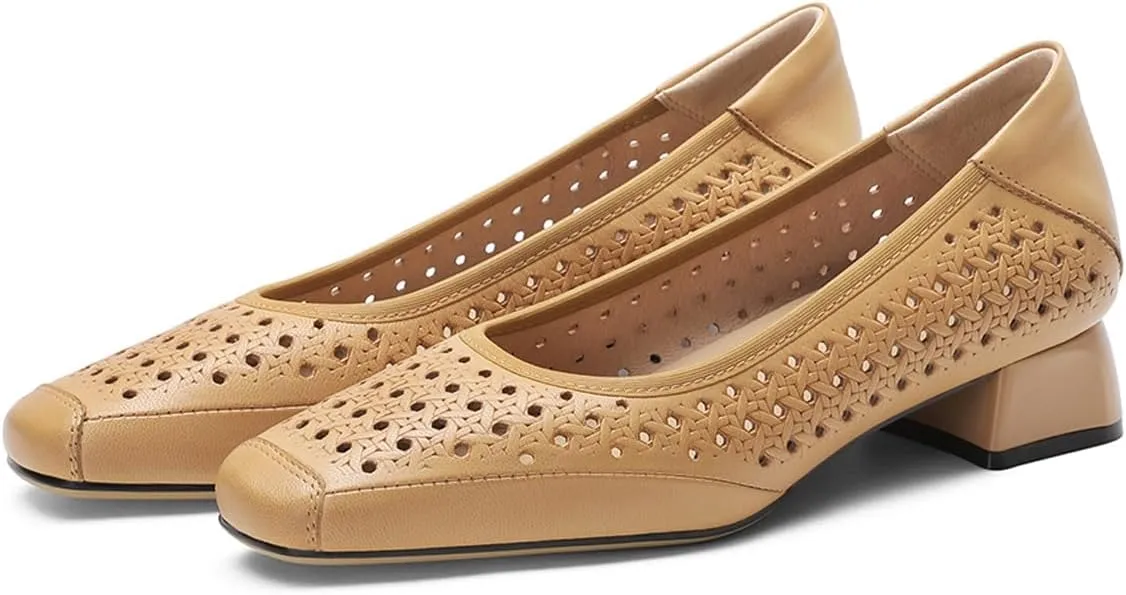 Chunky Block Low Heels for Women Square Closed Toe Comfortable Woven Slip on Casual Ballet Heels Pumps