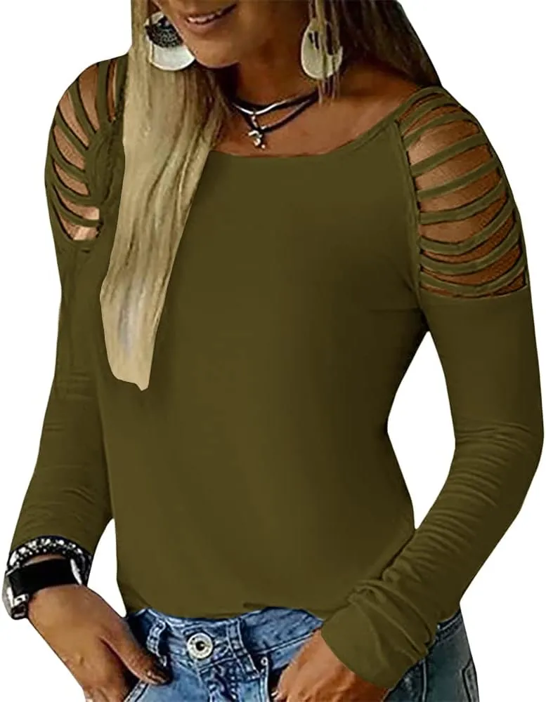 Cicy Bell Women's Long Sleeve Cold Shoulder Tops Plain Hollow Out Boat Neck Casual Blouses Shirts