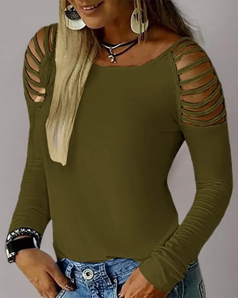 Cicy Bell Women's Long Sleeve Cold Shoulder Tops Plain Hollow Out Boat Neck Casual Blouses Shirts