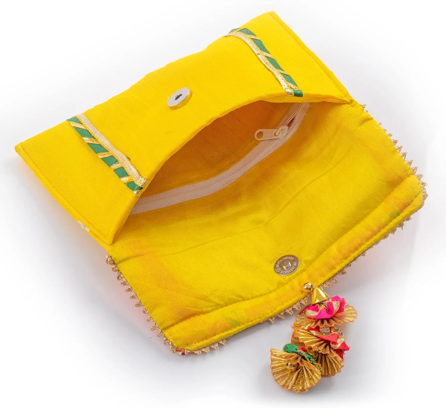 Clutch Batawa Bag Purse Embroidered Embellished Handmade Traditional Ethnic Work Wedding Wristlet Ladies for Girls Women for Party Wedding Special Occasion and Gifting (Yellow and Orange - 8.8"x5")