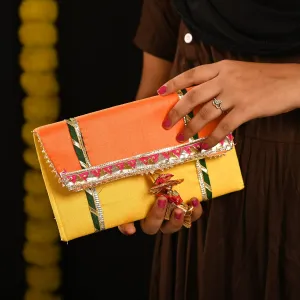 Clutch Batawa Bag Purse Embroidered Embellished Handmade Traditional Ethnic Work Wedding Wristlet Ladies for Girls Women for Party Wedding Special Occasion and Gifting (Yellow and Orange - 8.8"x5")
