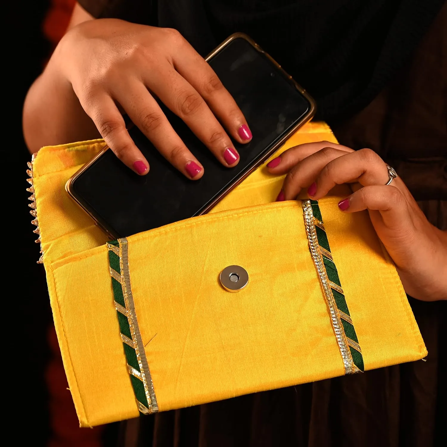 Clutch Batawa Bag Purse Embroidered Embellished Handmade Traditional Ethnic Work Wedding Wristlet Ladies for Girls Women for Party Wedding Special Occasion and Gifting (Yellow and Orange - 8.8"x5")