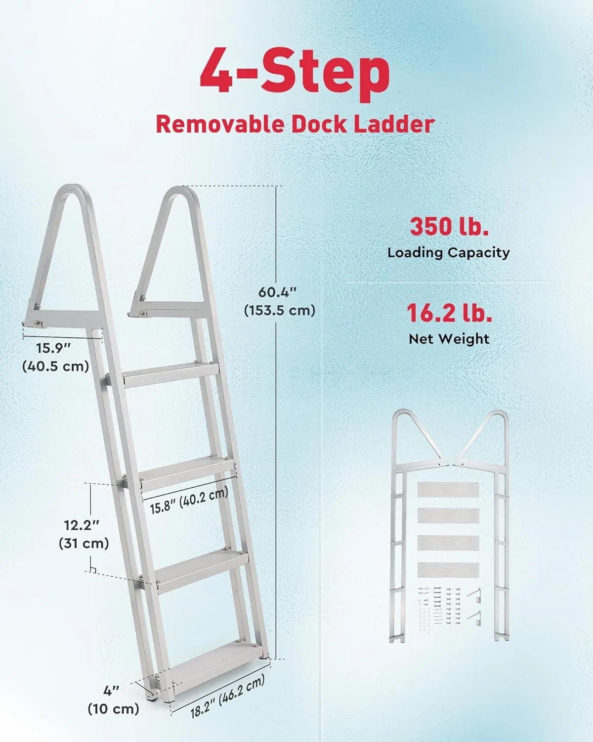 CO-Z 4 Step Removable Dock Ladder, Pontoon Boat Ladder with 350lb Load, Aluminum Swim Ladder with Wide Step & Nonslip Tread, Quick Release Dock Stair for Lake Swimming Pool Marine Boarding