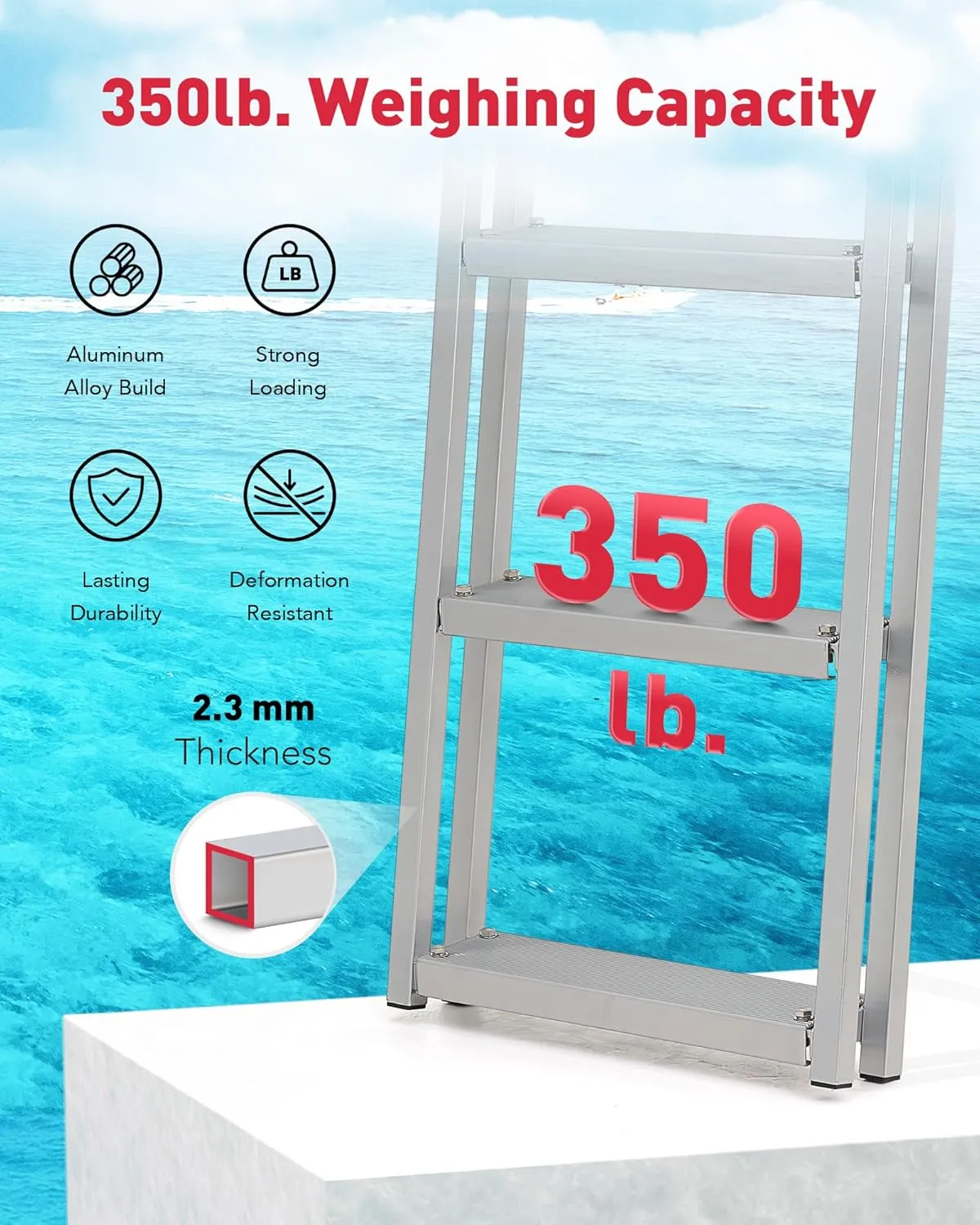 CO-Z 4 Step Removable Dock Ladder, Pontoon Boat Ladder with 350lb Load, Aluminum Swim Ladder with Wide Step & Nonslip Tread, Quick Release Dock Stair for Lake Swimming Pool Marine Boarding