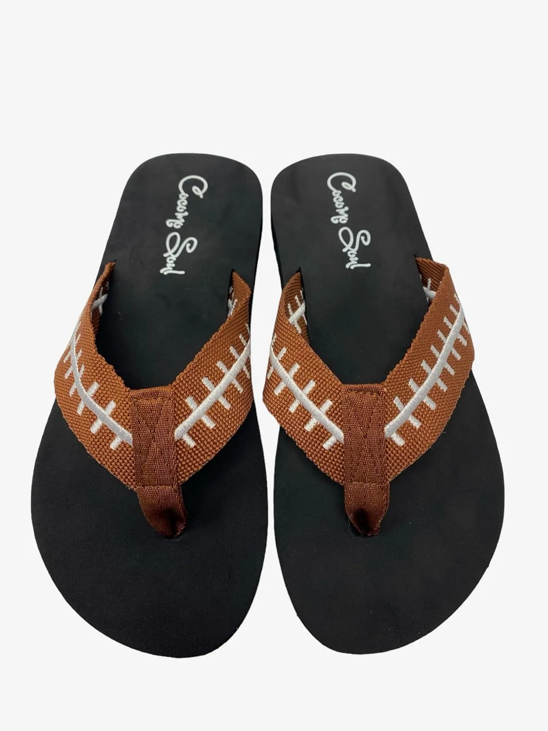 Cocomo Soul Football Embroidered Flip Flops | Women's Brown/White Football Flip Flops | Size 6-12