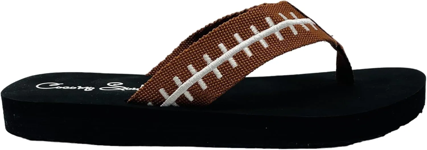 Cocomo Soul Football Embroidered Flip Flops | Women's Brown/White Football Flip Flops | Size 6-12