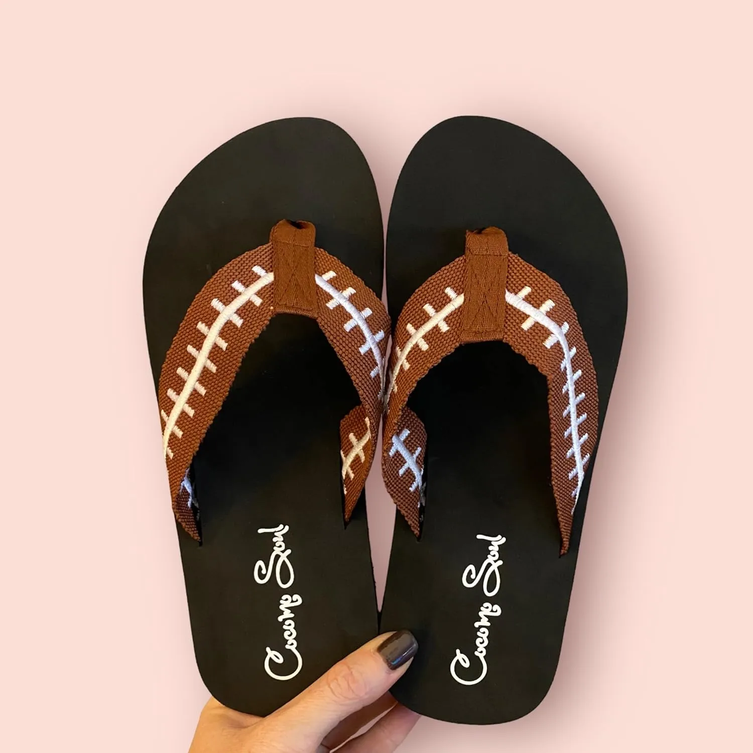 Cocomo Soul Football Embroidered Flip Flops | Women's Brown/White Football Flip Flops | Size 6-12