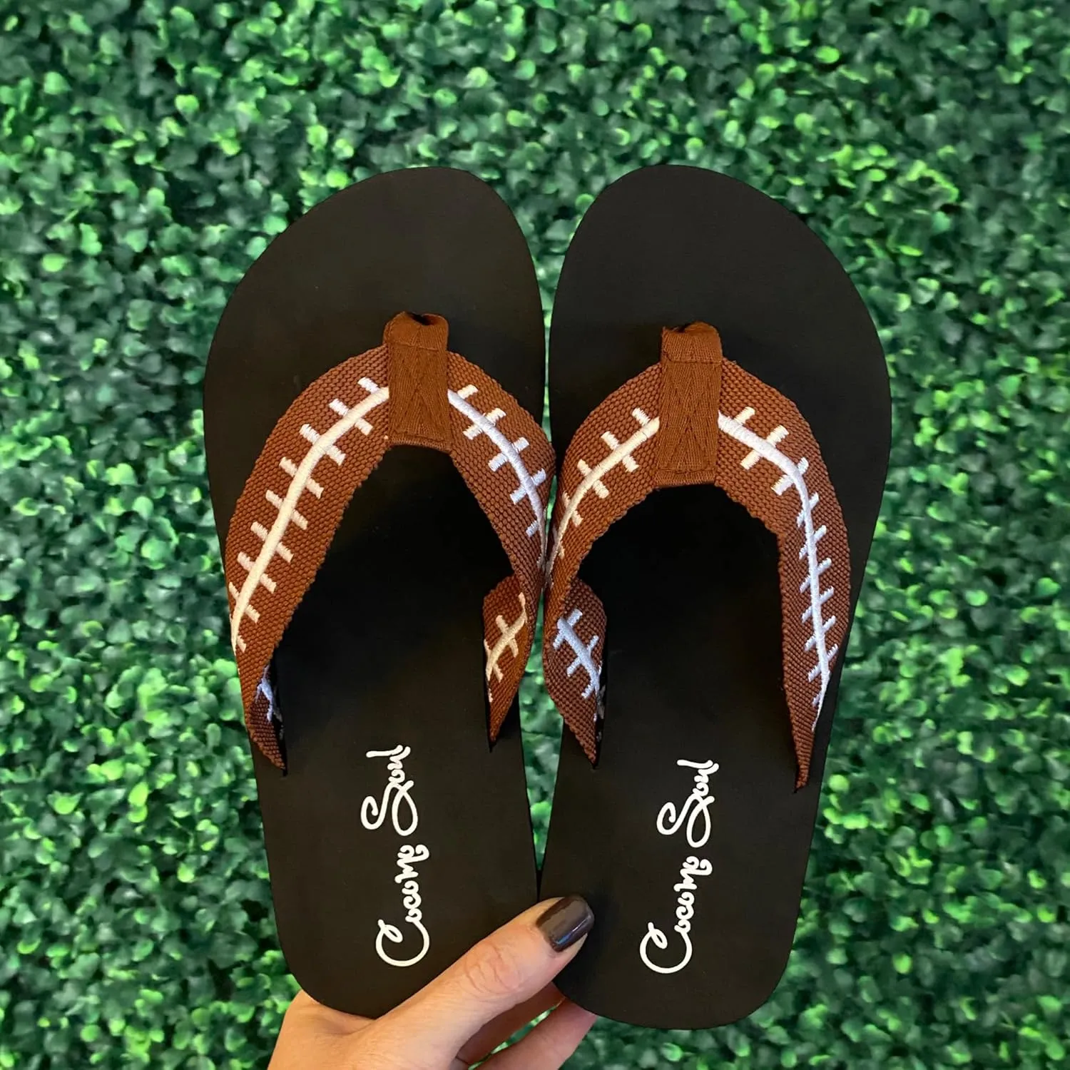 Cocomo Soul Football Embroidered Flip Flops | Women's Brown/White Football Flip Flops | Size 6-12