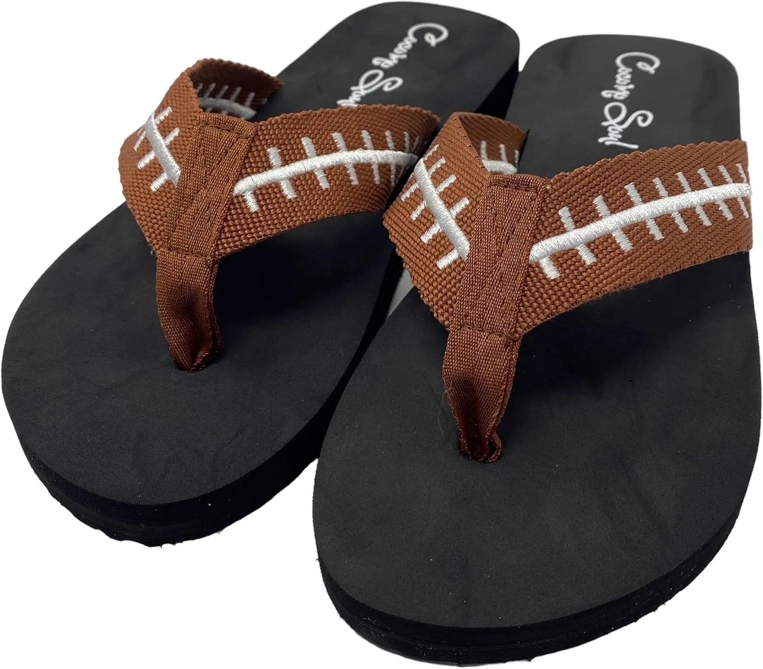 Cocomo Soul Football Embroidered Flip Flops | Women's Brown/White Football Flip Flops | Size 6-12