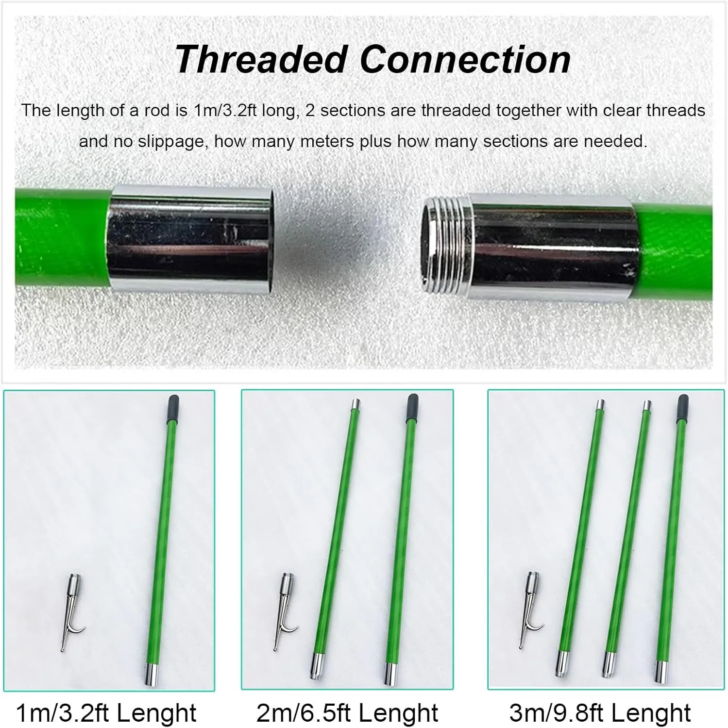 Commercial Boat Push Pole with Removable Stainless Steel Hook - Green Rescue Tool for Life Rafts, Yachts, Motorboats, & Pool Water Recovery