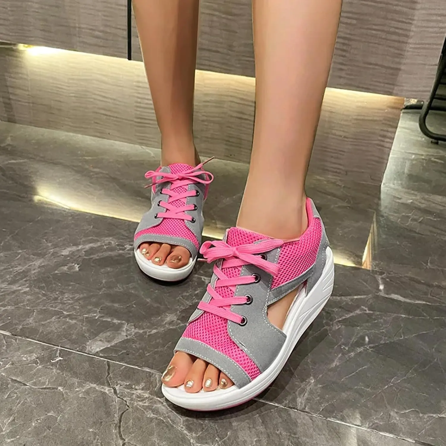 Contrast Paneled Cutout Lace-up Muffin Sandals for Women Open Toe Summer Slip On Causal Platform Wedges Sandal Fishmouth Sends Rocking Shoes Walking Ortho Supportive with Tie Straps Slippers