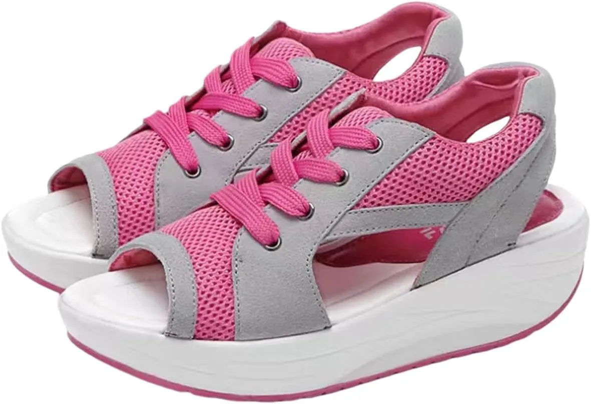 Contrast Paneled Cutout Lace-up Muffin Sandals for Women Open Toe Summer Slip On Causal Platform Wedges Sandal Fishmouth Sends Rocking Shoes Walking Ortho Supportive with Tie Straps Slippers