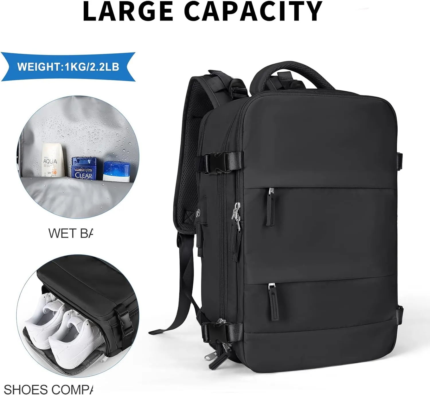 coowoz Large Travel Backpack For Women Men,Carry On Backpack,Hiking Backpack Waterproof Outdoor Sports Rucksack Casual Daypack Travel Essentials（Black）