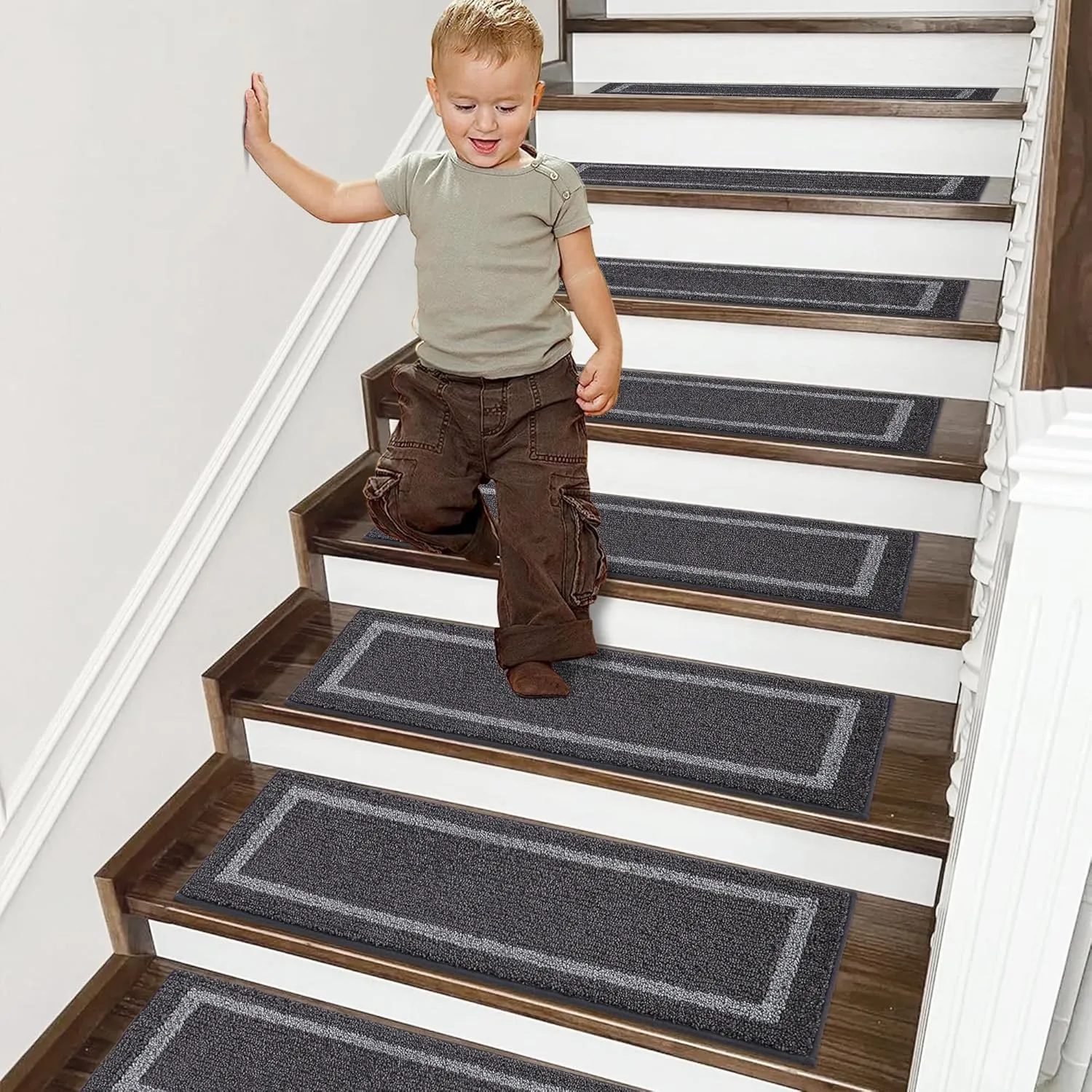 COSY HOMEER Soft Stair Treads Non-Slip Carpet Mat 28inX9in Indoor Stair Runners for Wooden Steps, Stair Rugs for Kids and Dogs, 100% Polyester TPE Backing 4pcs,Black,Square