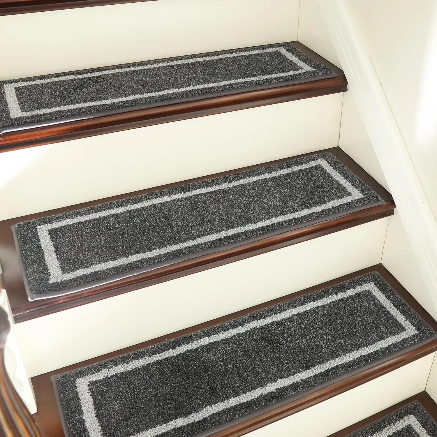 COSY HOMEER Soft Stair Treads Non-Slip Carpet Mat 28inX9in Indoor Stair Runners for Wooden Steps, Stair Rugs for Kids and Dogs, 100% Polyester TPE Backing 4pcs,Black,Square
