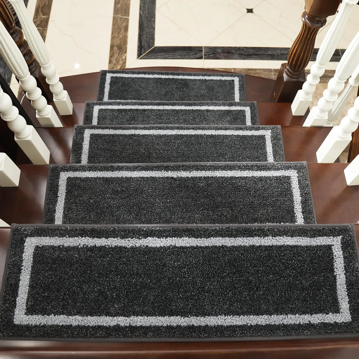COSY HOMEER Soft Stair Treads Non-Slip Carpet Mat 28inX9in Indoor Stair Runners for Wooden Steps, Stair Rugs for Kids and Dogs, 100% Polyester TPE Backing 4pcs,Black,Square