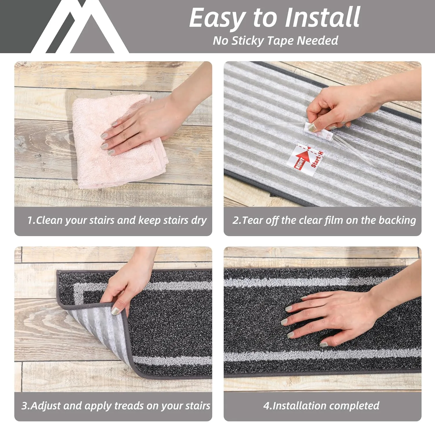 COSY HOMEER Soft Stair Treads Non-Slip Carpet Mat 28inX9in Indoor Stair Runners for Wooden Steps, Stair Rugs for Kids and Dogs, 100% Polyester TPE Backing 4pcs,Black,Square