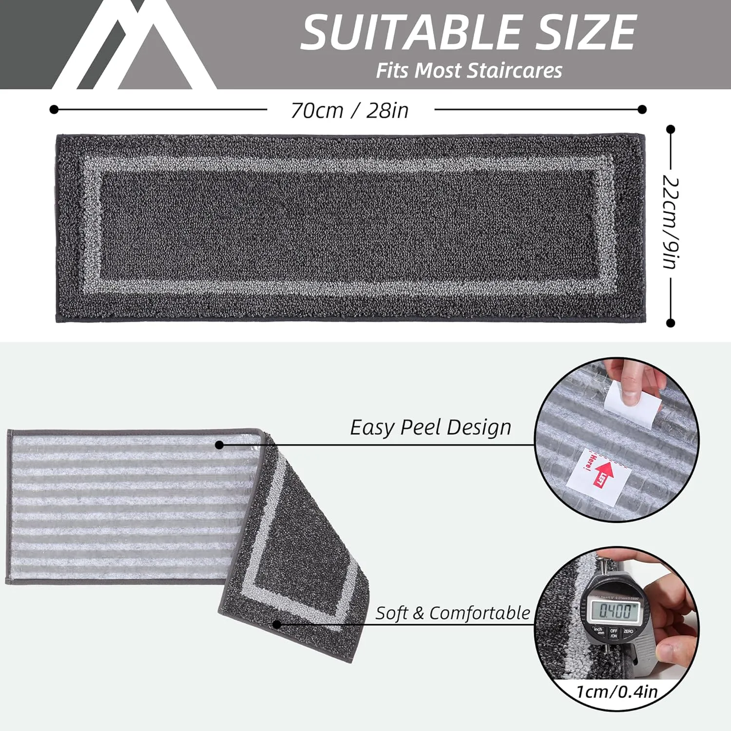 COSY HOMEER Soft Stair Treads Non-Slip Carpet Mat 28inX9in Indoor Stair Runners for Wooden Steps, Stair Rugs for Kids and Dogs, 100% Polyester TPE Backing 4pcs,Black,Square