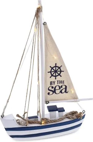 CoTa Global Ocean Blue Sea Boat with LED Light - Handmade Wooden Boat Decor, Beach Style Model Sail Boat Decorations, Nautical Themed Table Top Decor