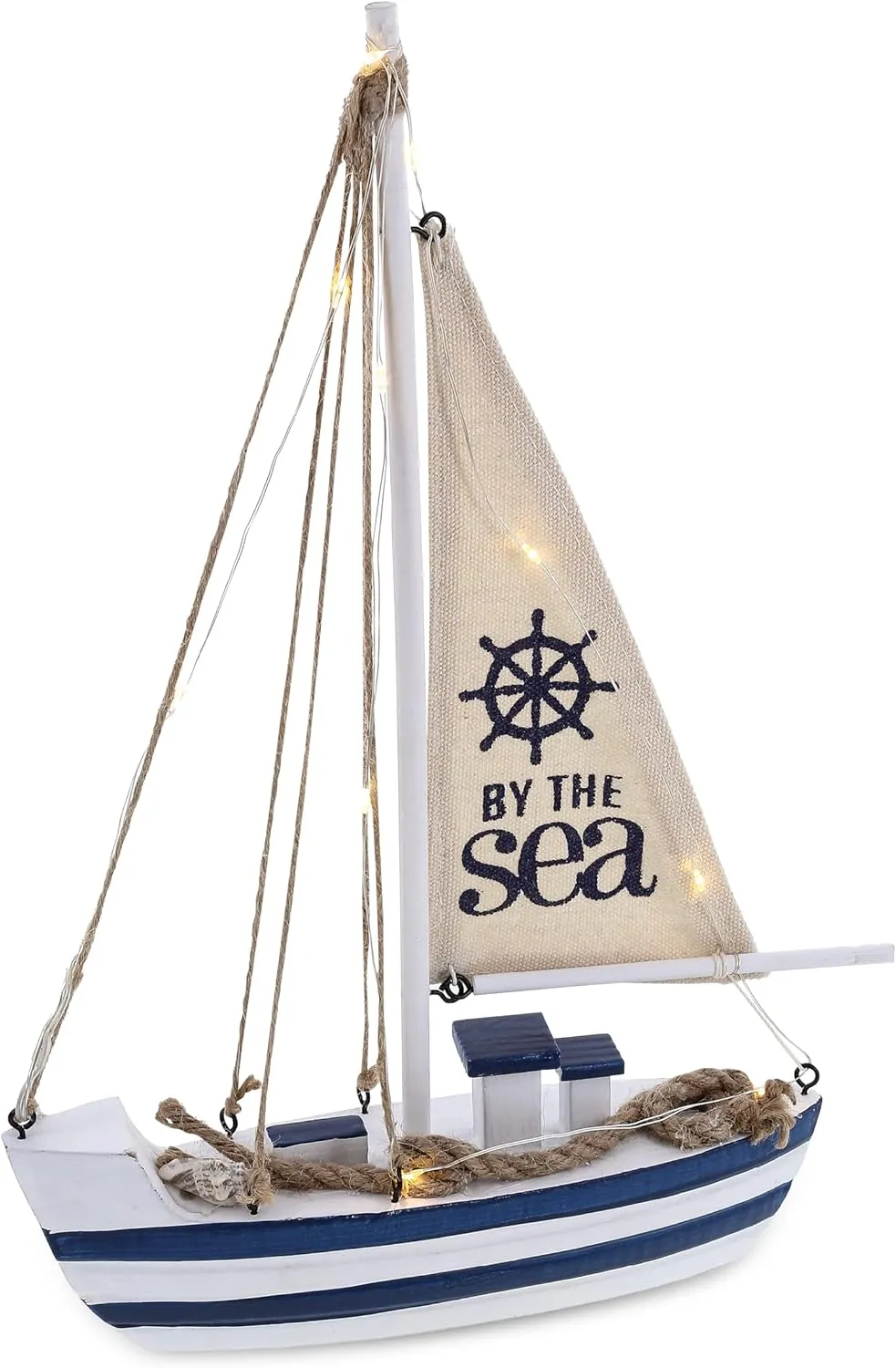 CoTa Global Ocean Blue Sea Boat with LED Light - Handmade Wooden Boat Decor, Beach Style Model Sail Boat Decorations, Nautical Themed Table Top Decor