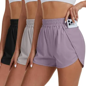 Coume 3 Pack Women's Running Shorts with Pockets Quick Dry Elastic Waist Athletic Workout Gym 1.75" Shorts with Liner