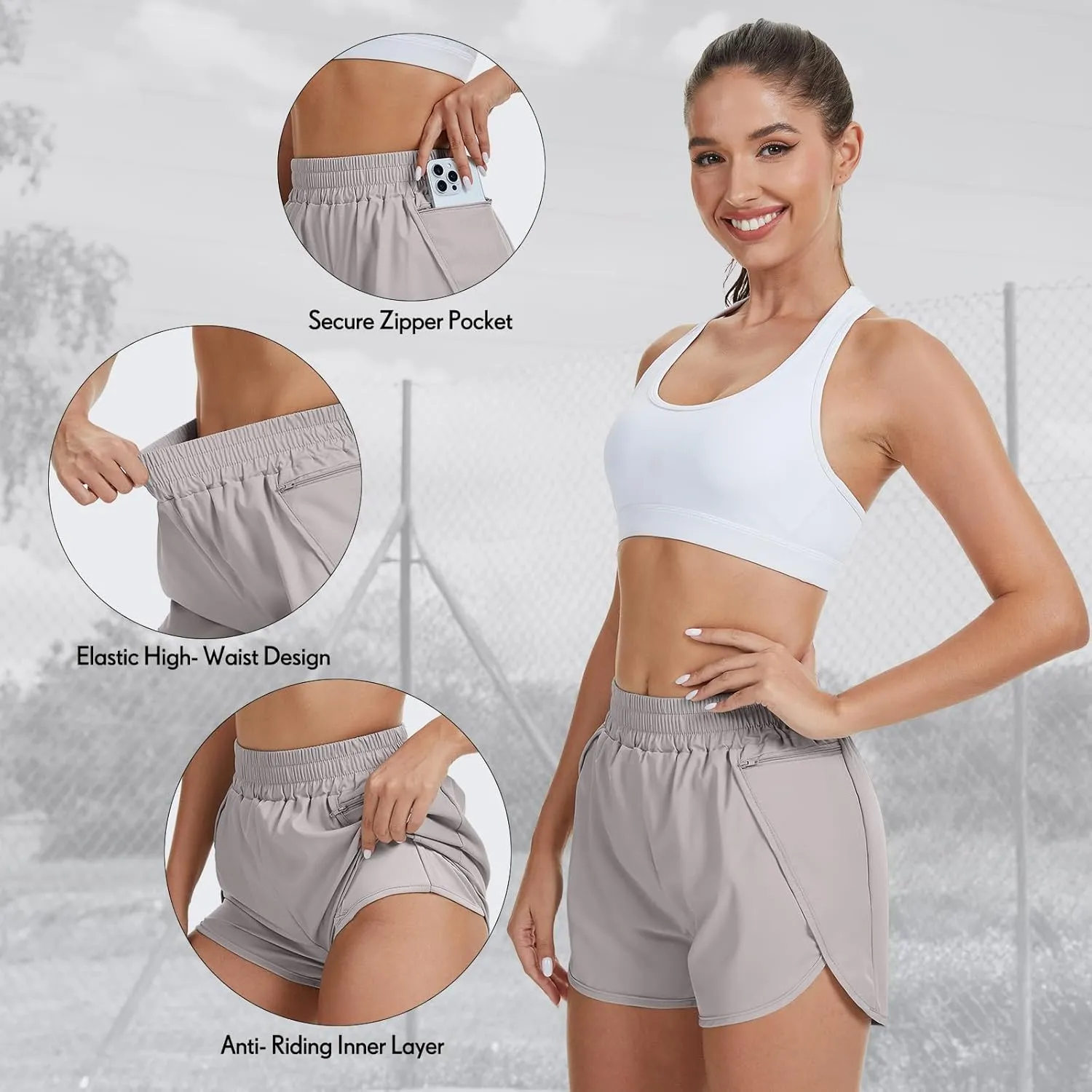 Coume 3 Pack Women's Running Shorts with Pockets Quick Dry Elastic Waist Athletic Workout Gym 1.75" Shorts with Liner