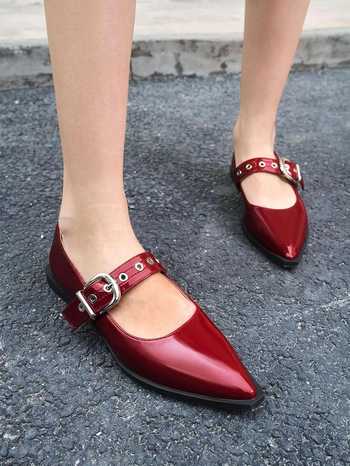 Coutgo Womens Mary Jane Flats Closed Pointed Toe Ballet Flat Studded Metal Adjustable Buckle Dress Shoes