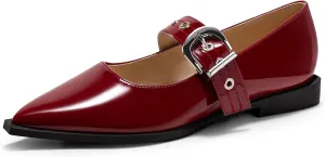 Coutgo Womens Mary Jane Flats Closed Pointed Toe Ballet Flat Studded Metal Adjustable Buckle Dress Shoes