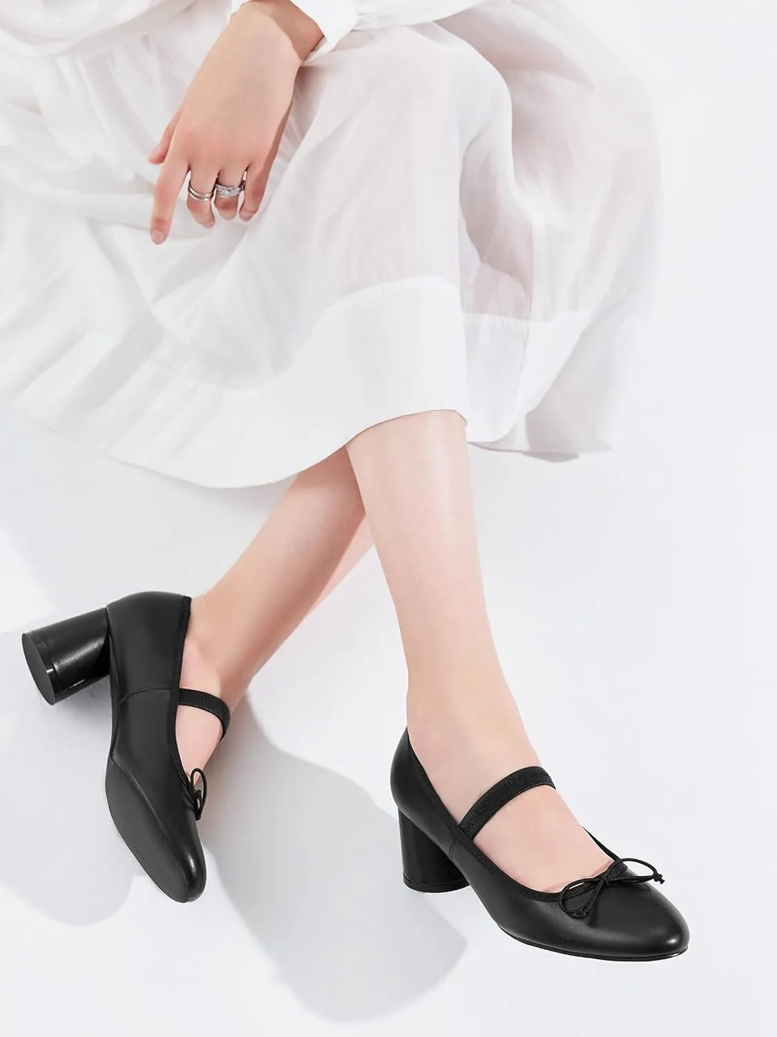 Coutgo Womens Mary Jane Shoes Bowknot Ballet Pumps Closed Toe Chunky Low Heels Dress Casual Wedding Shoes