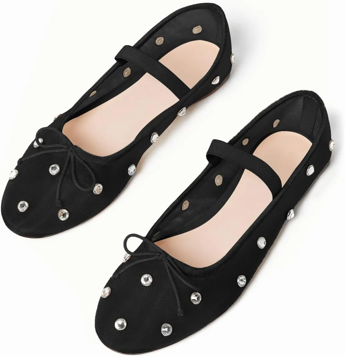 Coutgo Womens Mesh Ballet Flats Crystal Rhinestone Studded Comfortable Mary Jane Dress Shoes