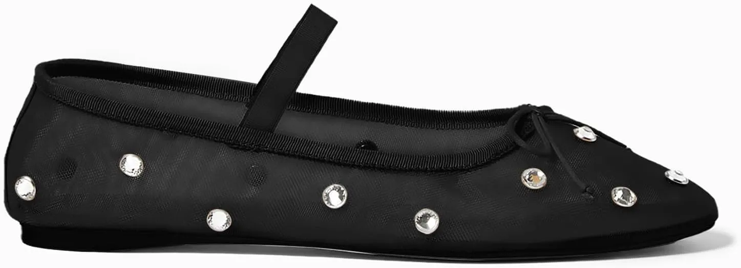 Coutgo Womens Mesh Ballet Flats Crystal Rhinestone Studded Comfortable Mary Jane Dress Shoes