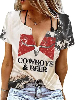Cowboys & Beer Shirt for Women Country Music Tshirt Vintage Western Steer Skull Graphic Tees Cowboy Rodeo Blouse Top