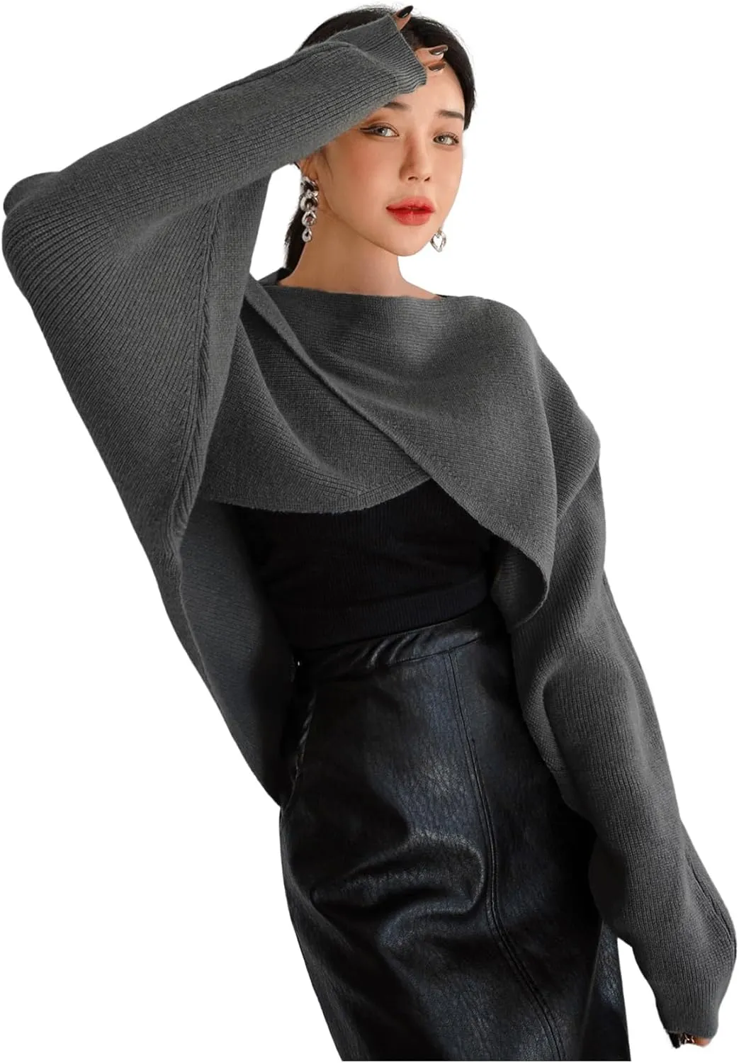 COZYEASE Women's Criss Cross Boat Neck Long Sleeve Crop Sweater Solid Casual Plain Sweater Coat