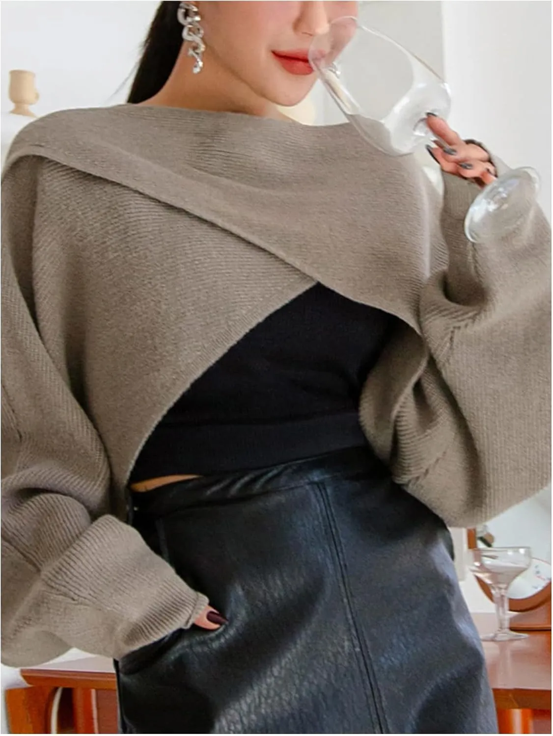 COZYEASE Women's Criss Cross Boat Neck Long Sleeve Crop Sweater Solid Casual Plain Sweater Coat