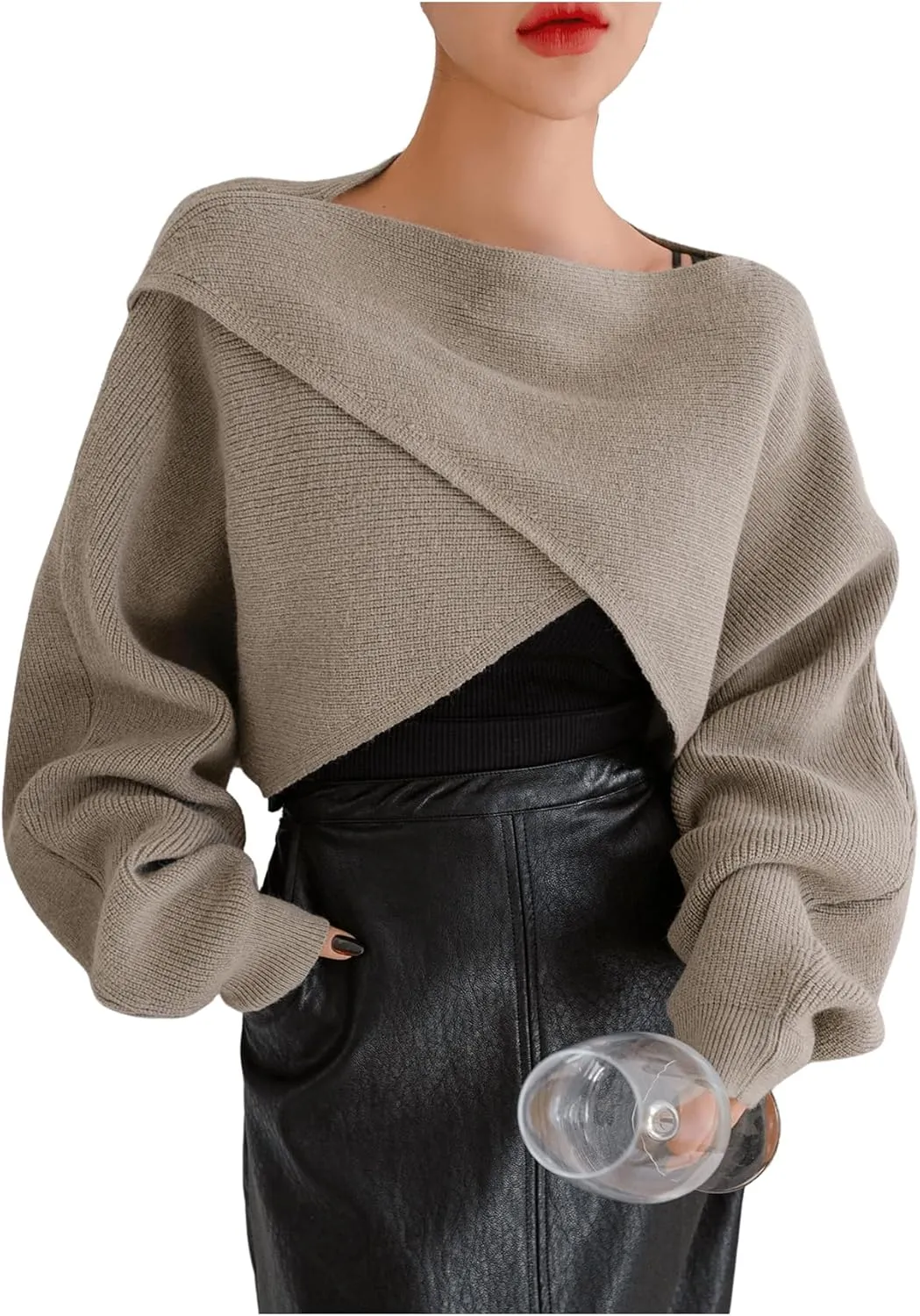 COZYEASE Women's Criss Cross Boat Neck Long Sleeve Crop Sweater Solid Casual Plain Sweater Coat