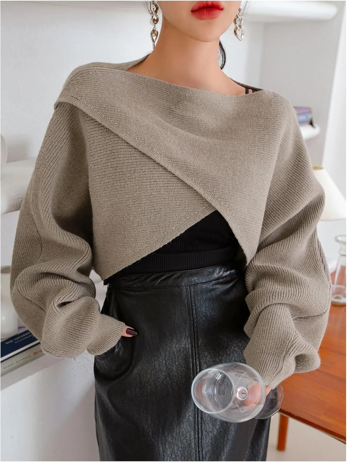 COZYEASE Women's Criss Cross Boat Neck Long Sleeve Crop Sweater Solid Casual Plain Sweater Coat