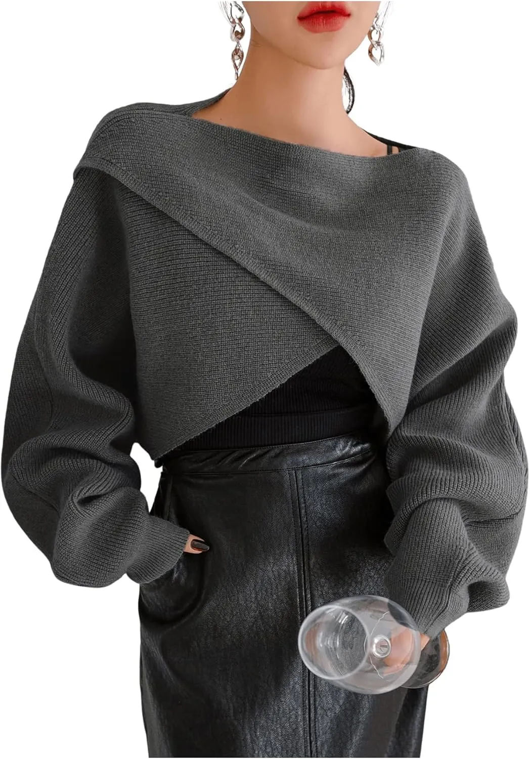 COZYEASE Women's Criss Cross Boat Neck Long Sleeve Crop Sweater Solid Casual Plain Sweater Coat