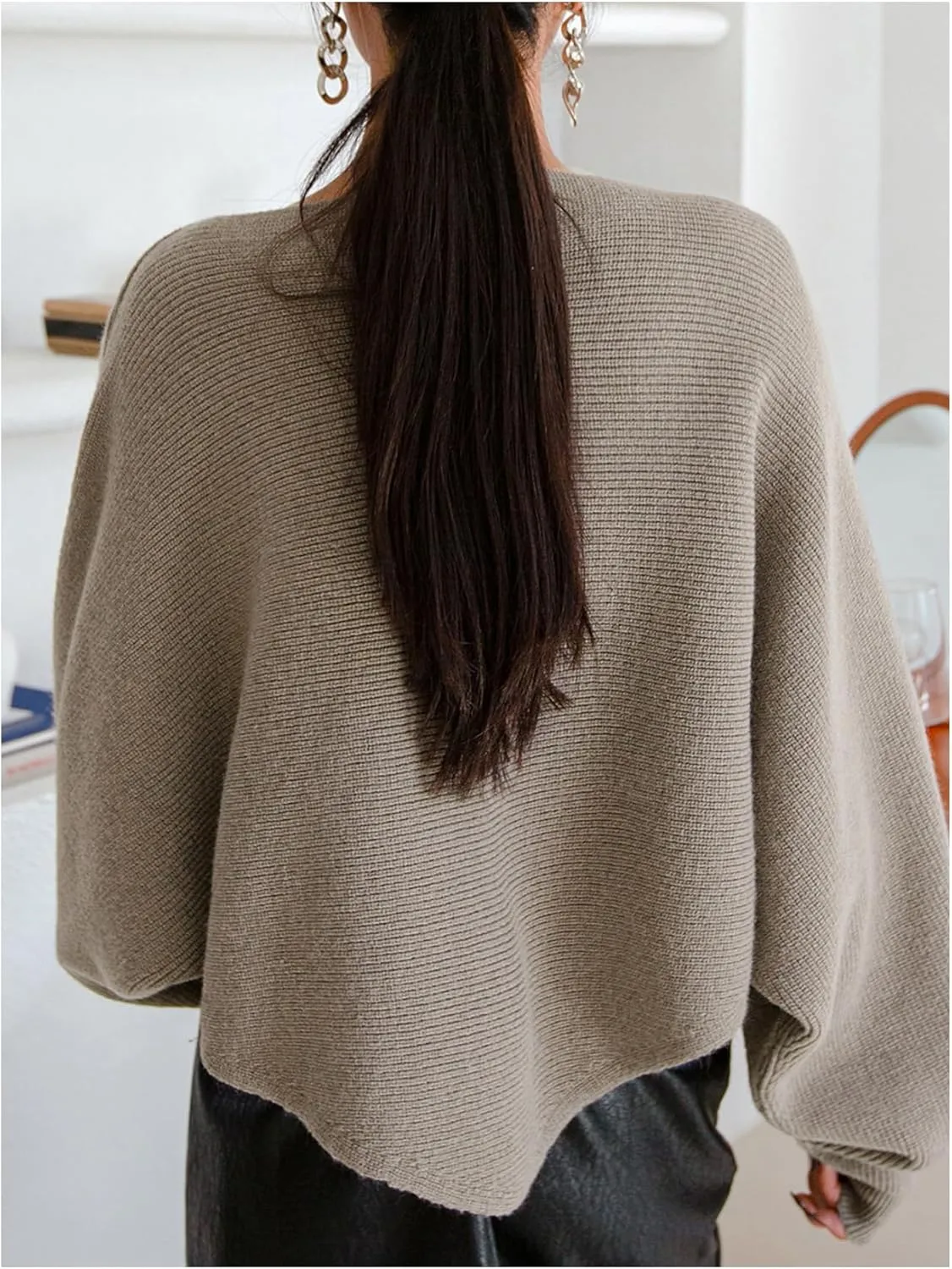 COZYEASE Women's Criss Cross Boat Neck Long Sleeve Crop Sweater Solid Casual Plain Sweater Coat
