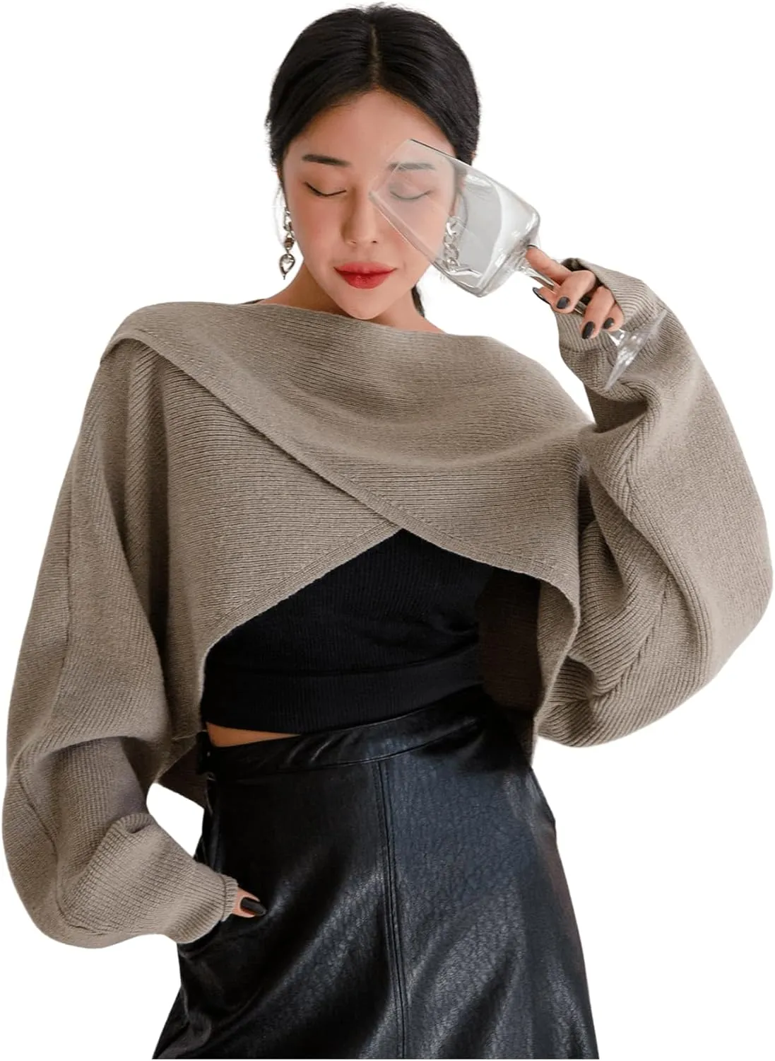 COZYEASE Women's Criss Cross Boat Neck Long Sleeve Crop Sweater Solid Casual Plain Sweater Coat