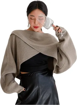 COZYEASE Women's Criss Cross Boat Neck Long Sleeve Crop Sweater Solid Casual Plain Sweater Coat