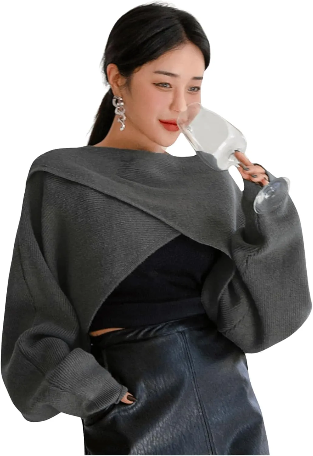 COZYEASE Women's Criss Cross Boat Neck Long Sleeve Crop Sweater Solid Casual Plain Sweater Coat