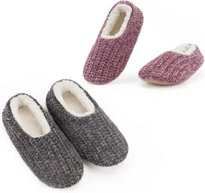 Cozylook 2-Pair Women's Soft Sole Slipper Socks with Grippers, Thick Warm Cozy Sherpa Lined Home Socks Set, Cable Knitted Non-slip Fluffy Winter House Bedroom Slippers