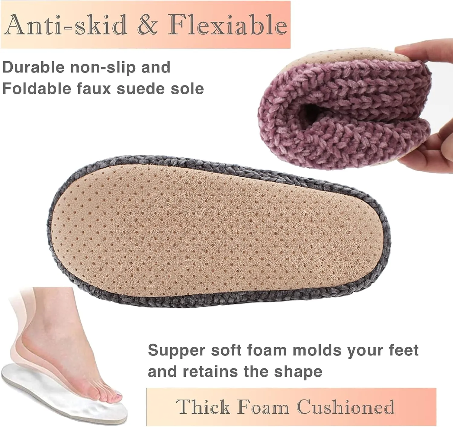 Cozylook 2-Pair Women's Soft Sole Slipper Socks with Grippers, Thick Warm Cozy Sherpa Lined Home Socks Set, Cable Knitted Non-slip Fluffy Winter House Bedroom Slippers