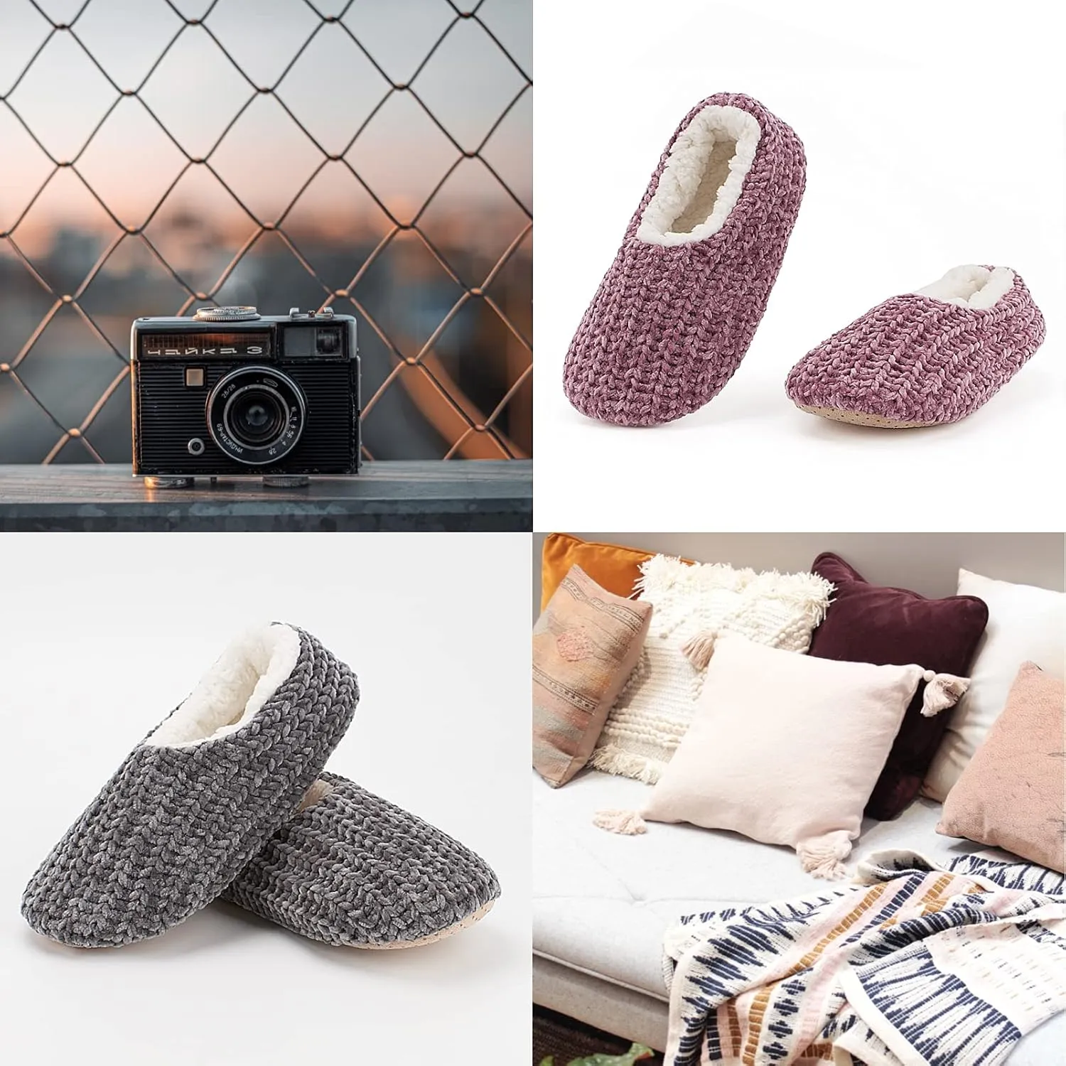 Cozylook 2-Pair Women's Soft Sole Slipper Socks with Grippers, Thick Warm Cozy Sherpa Lined Home Socks Set, Cable Knitted Non-slip Fluffy Winter House Bedroom Slippers