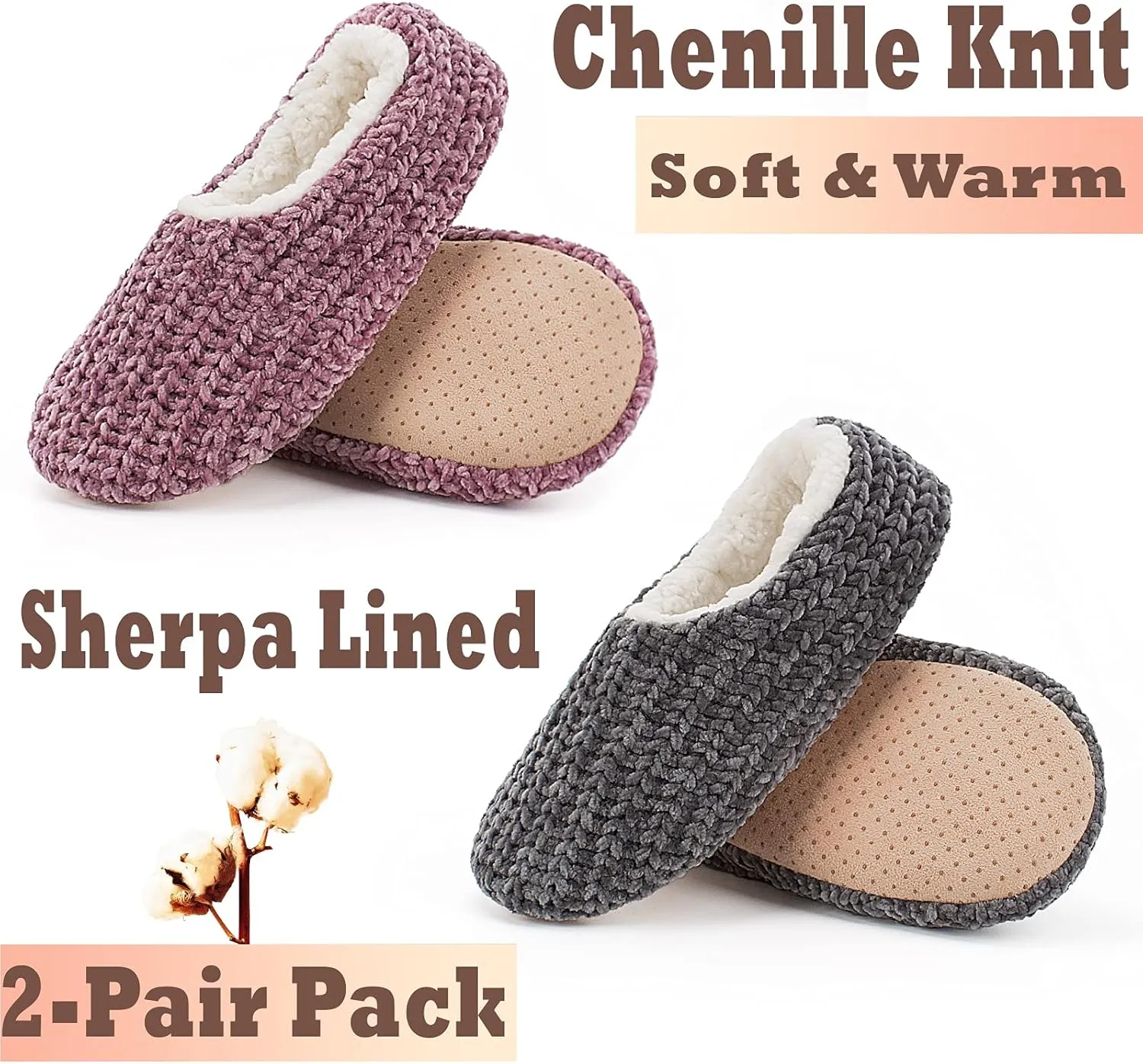 Cozylook 2-Pair Women's Soft Sole Slipper Socks with Grippers, Thick Warm Cozy Sherpa Lined Home Socks Set, Cable Knitted Non-slip Fluffy Winter House Bedroom Slippers