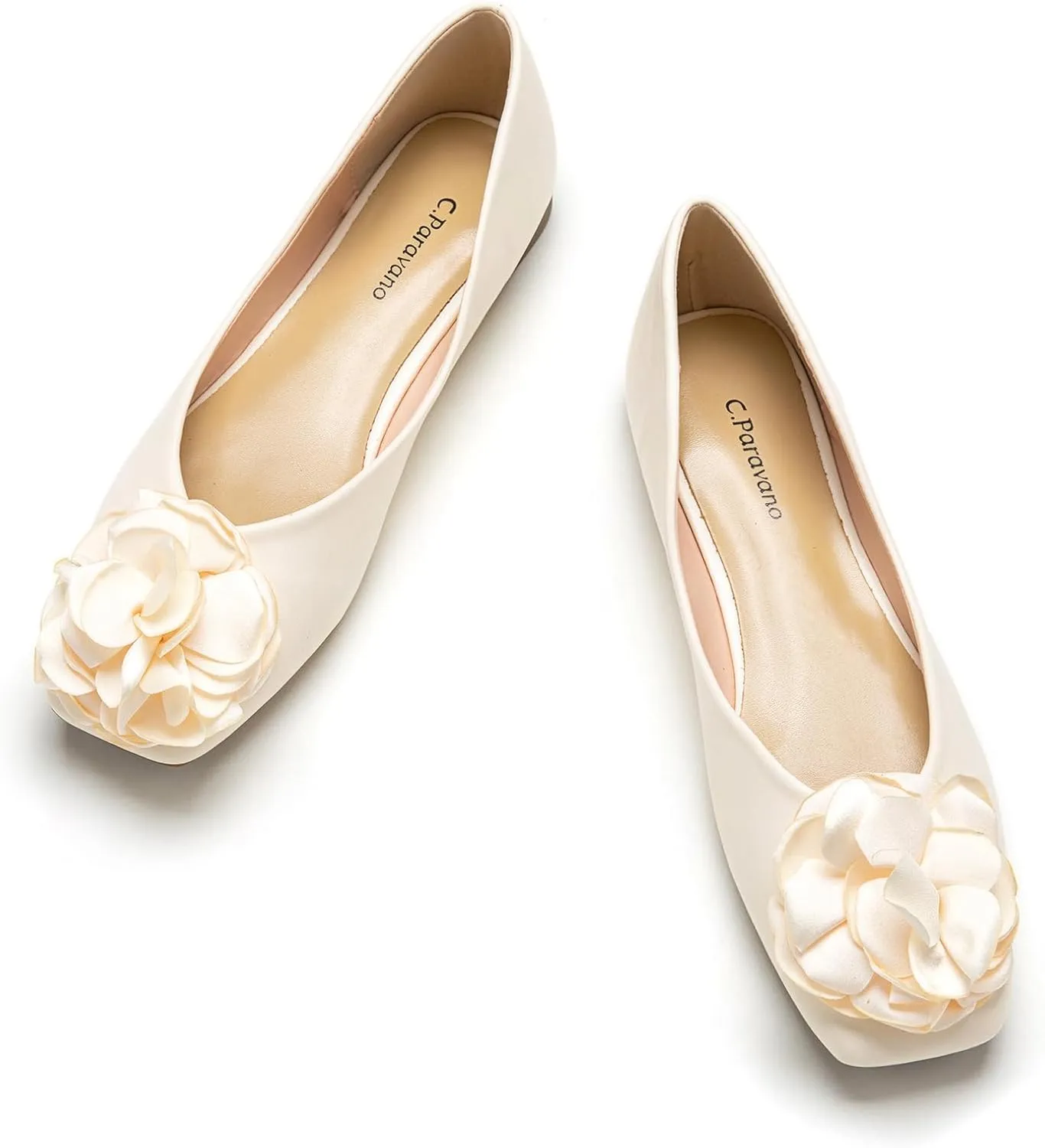 C.Paravano Ballet Flats for Women | White Square Toe Slip On Dress Shoes | Women's Leather Flower Flats (Size 6.5, White)